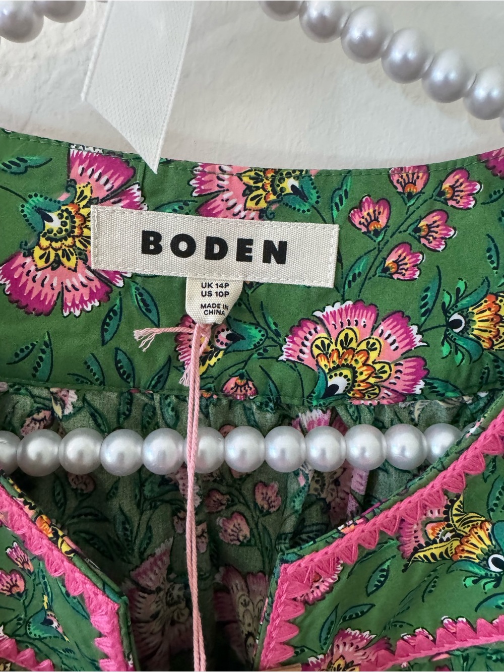 Boden Green Floral-Print Embroidered Midi Dress with Pink Trim - Picture 6 of 8